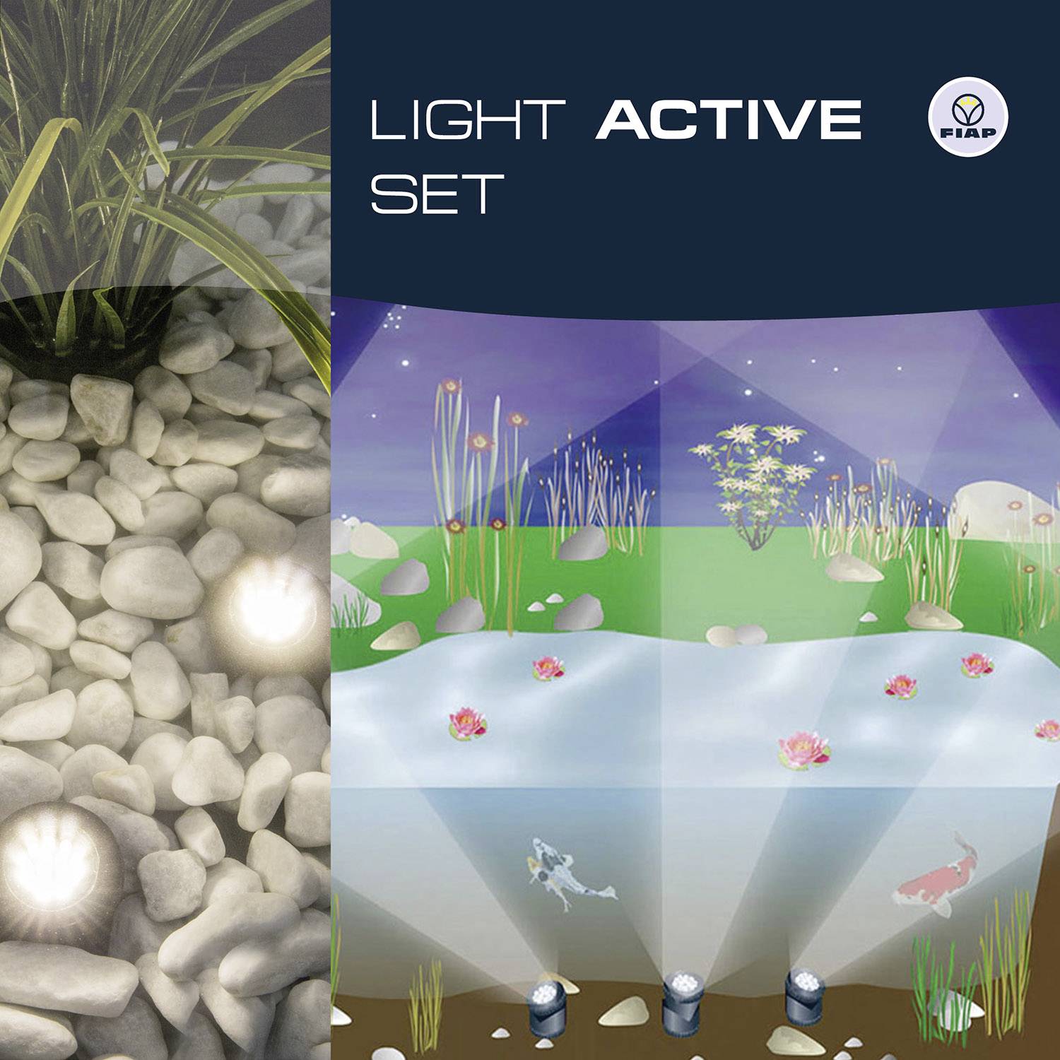 'LIGHT ACTIVE SET' zobrazuje zahradní krajinu s kamennou podlahou a rostlinami. Reflektory osvětlují prostor, aby vytvořily atmosféru.