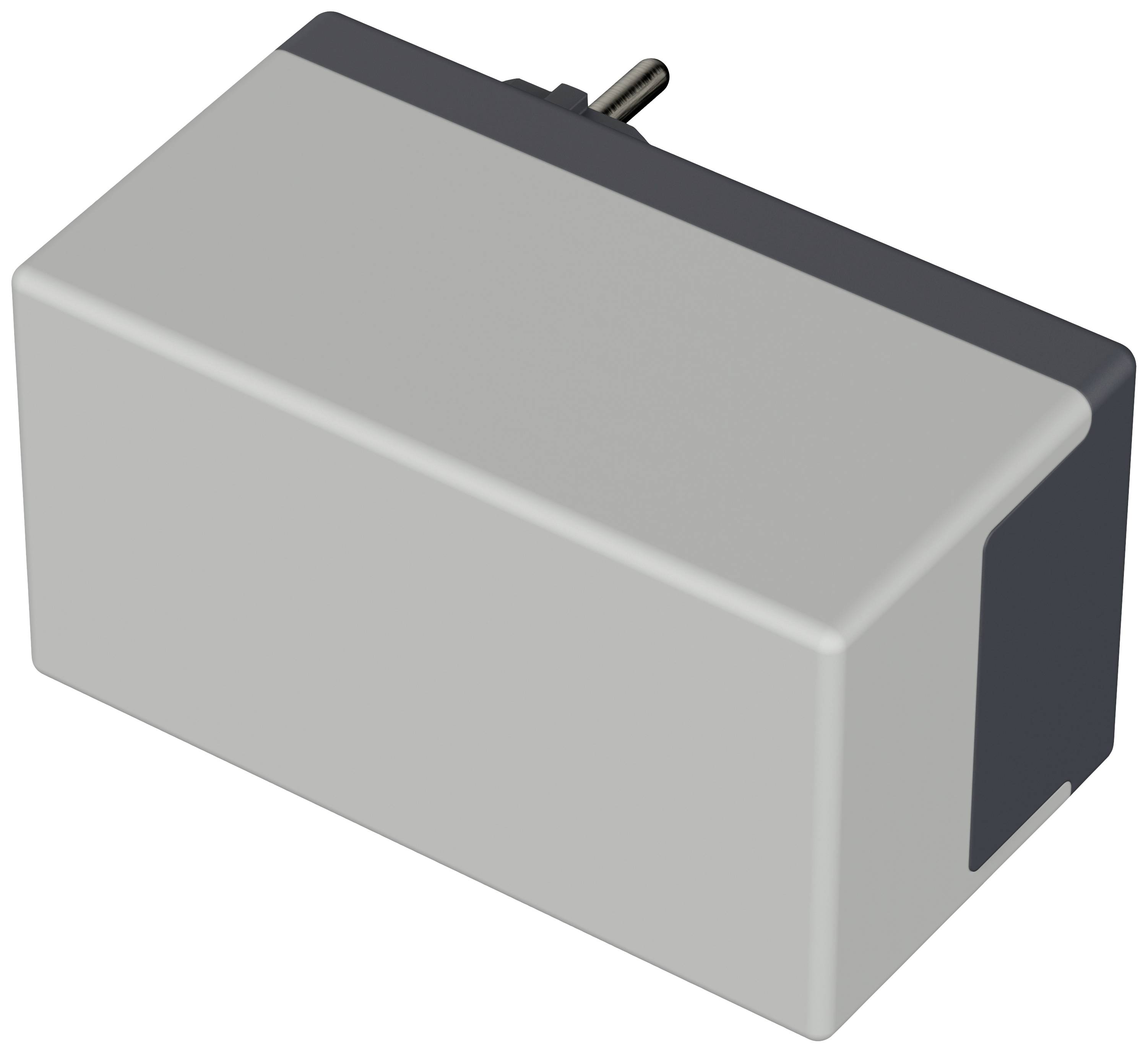 Obdélníkový, šedý elektronický spínač s černým horním povrchem a malou páčkou trčící nahoru.