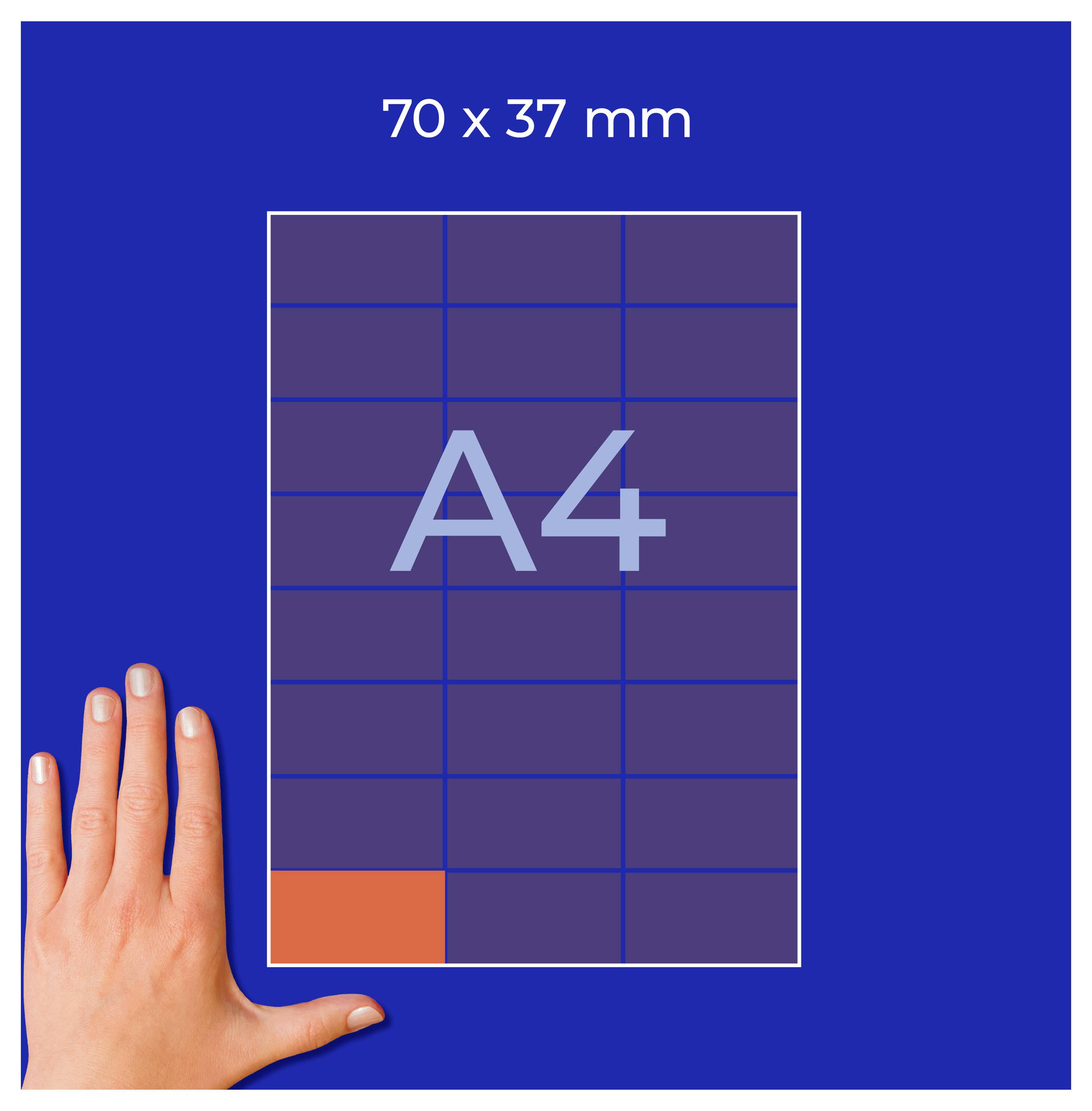 Šablona A4 s rozměry '70 x 37 mm' a mřížkou; vlevo dole označuje oranžová plocha místo pro miniaturní fotografii.