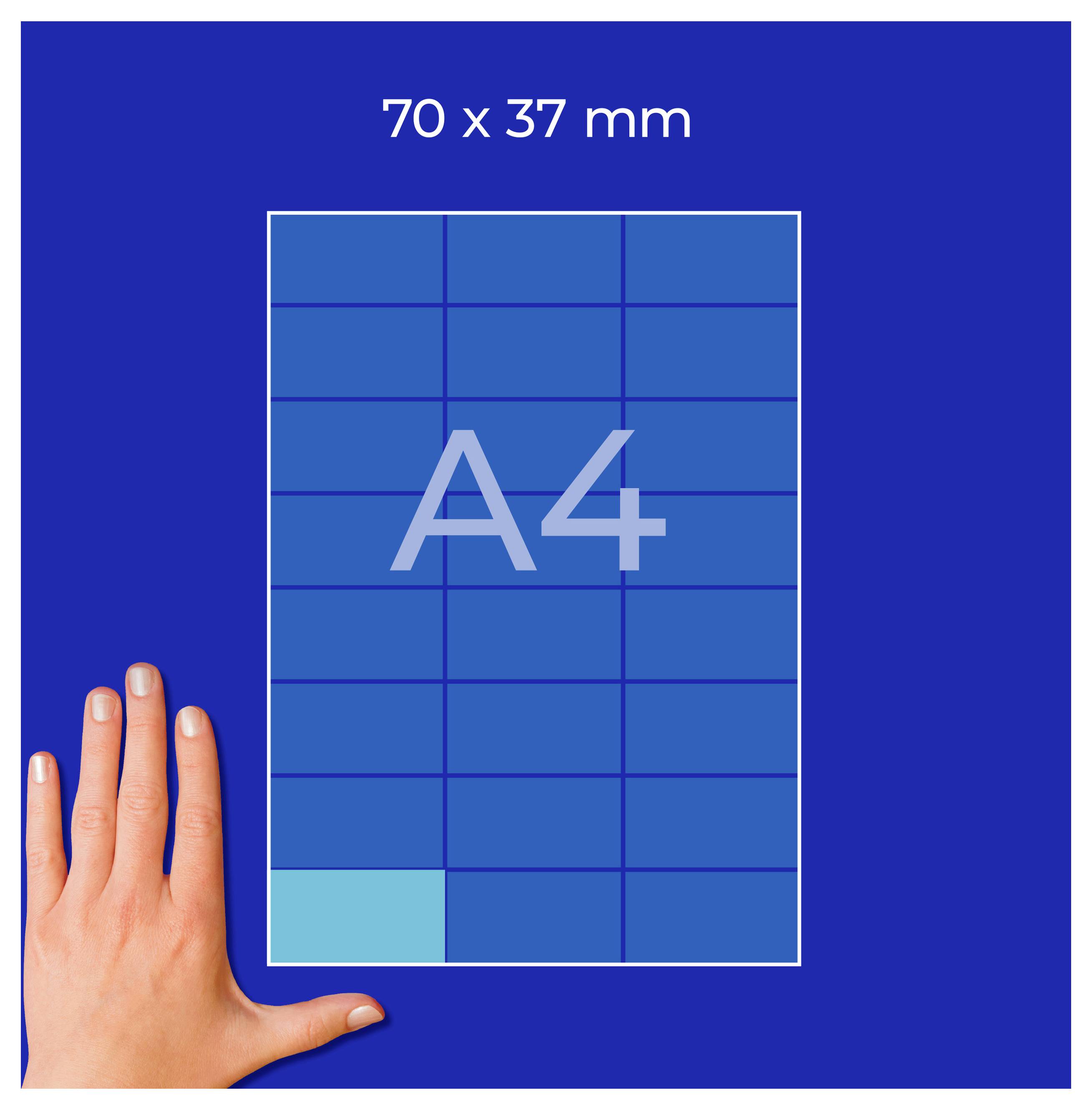 Diagram formátu A4 s rozměry '70 x 37 mm'; vedle něj ruka ukazuje malou velikost v porovnání s listem.