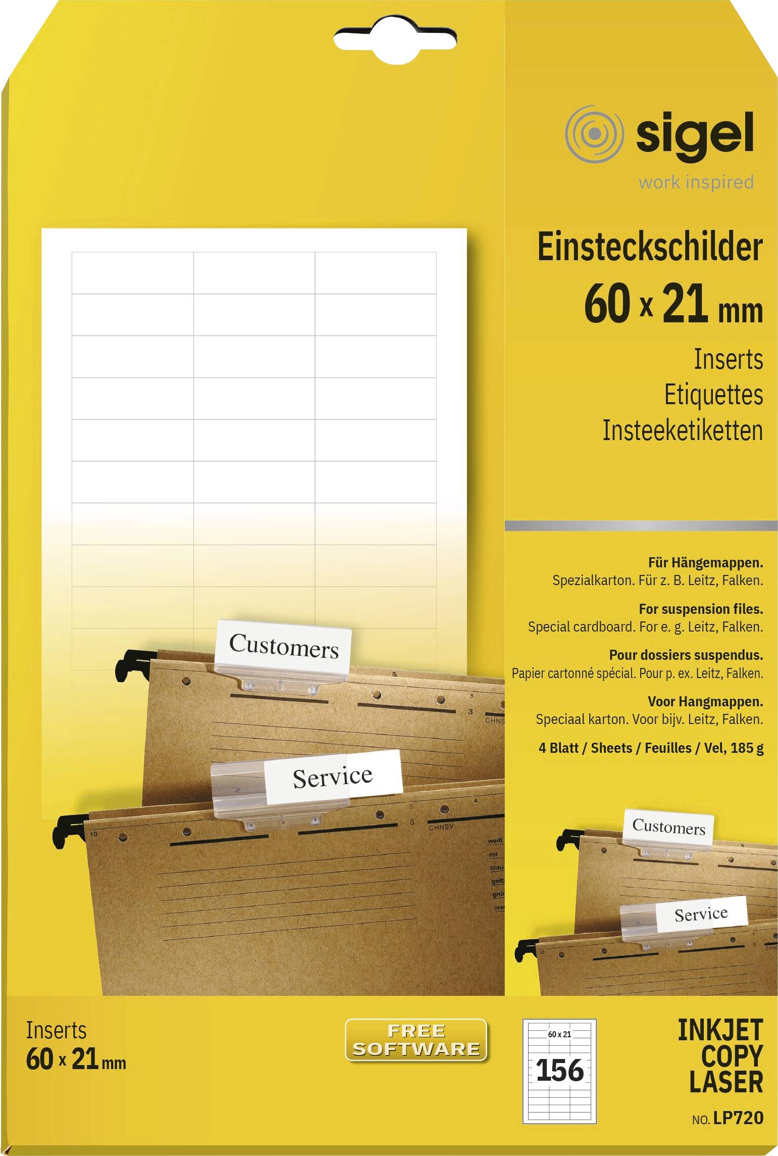 Balení pro vlepovací štítky Sigel, 'Einsteckschilder' 60 x 21 mm, zobrazující ukázkové listy štítků a držáky pro zákazníky a servis.
