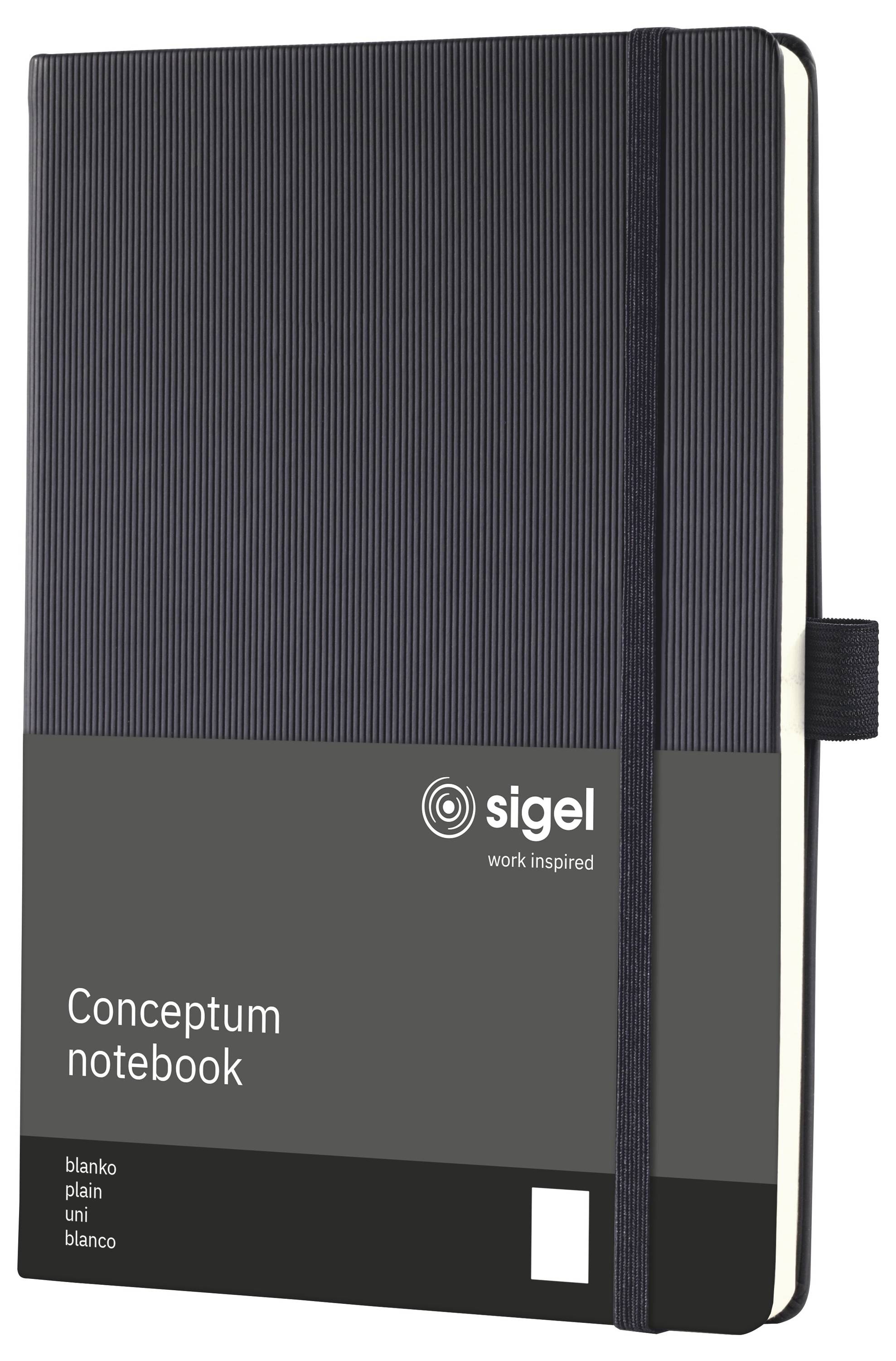 Černý zápisník Sigel 'Conceptum' s elastickým zavíráním a liniovaným obalem, zobrazený jako přední pohled na balení produktu.