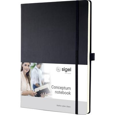 Poznámkový sešit s černou vazbou. Na obalu je nápis 'sigel Conceptum notebook', vedle něj žena s poznámkovým sešitem v ruce.