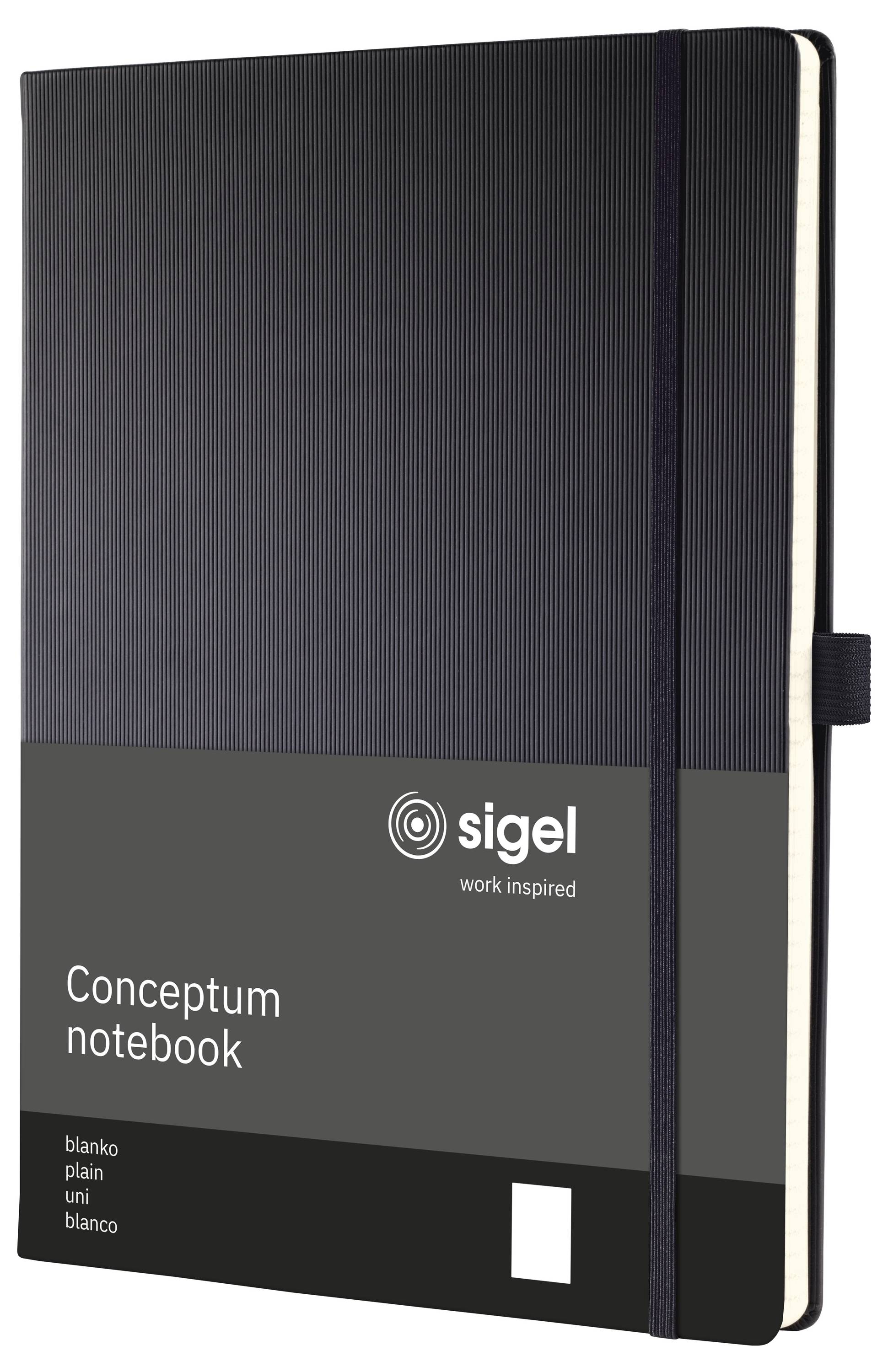 Černý notebook Sigel Conceptum s elastickým uzávěrem, označený 'blanko plain uni blanco'.