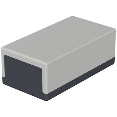 Pravoúhlý šedočerný kvádr se zaoblenými rohy, připomínající skříňku nebo malou elektronickou součástku.