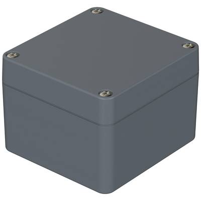Šedý čtvercový kryt se čtyřmi šrouby v rozích, vhodný pro elektroniku nebo kabeláž.