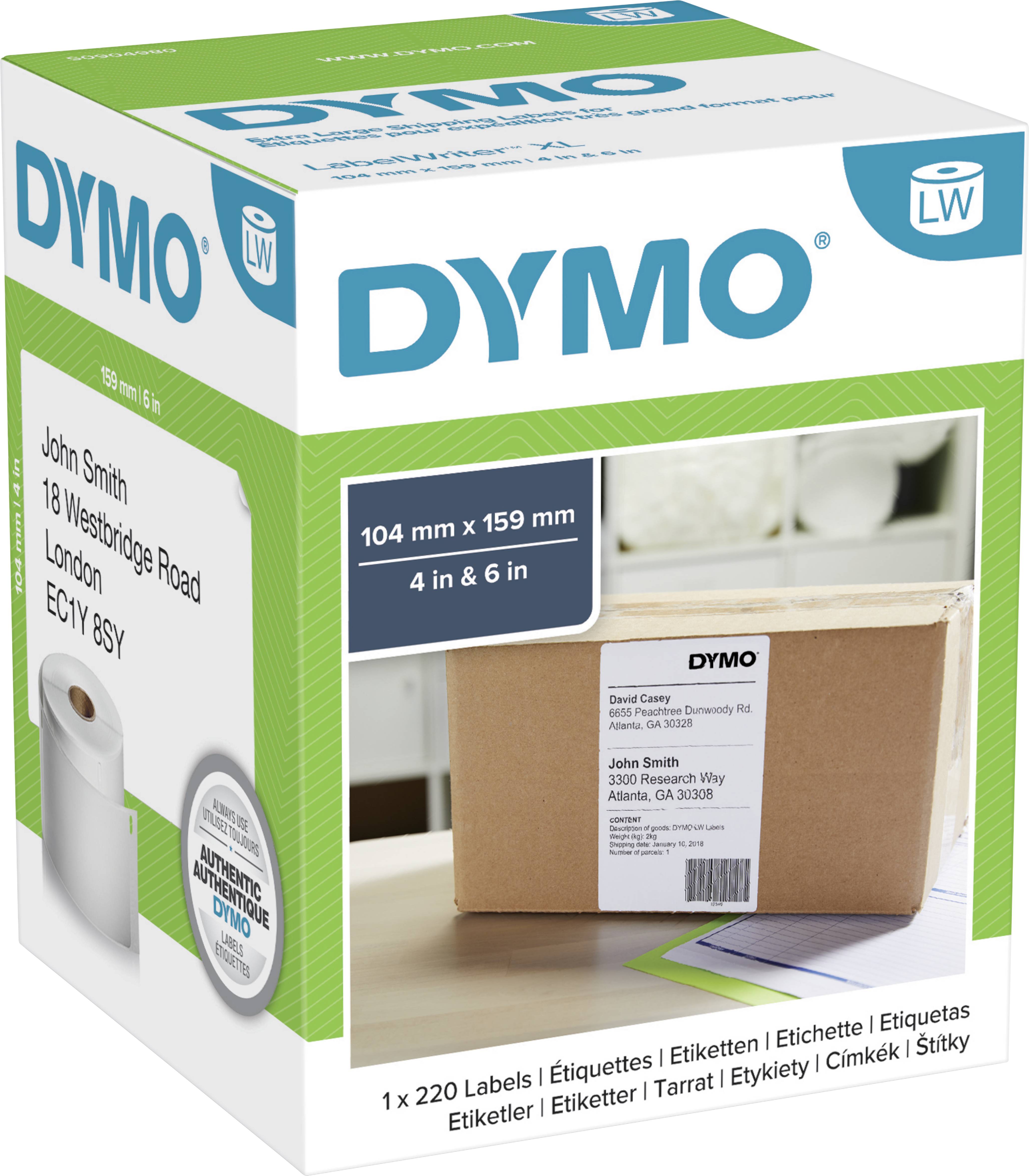 Krabice s etiketami DYMO, zobrazující vytištěnou adresu na balíku. Rozměry: 104 mm x 159 mm (4 palce x 6 palců).