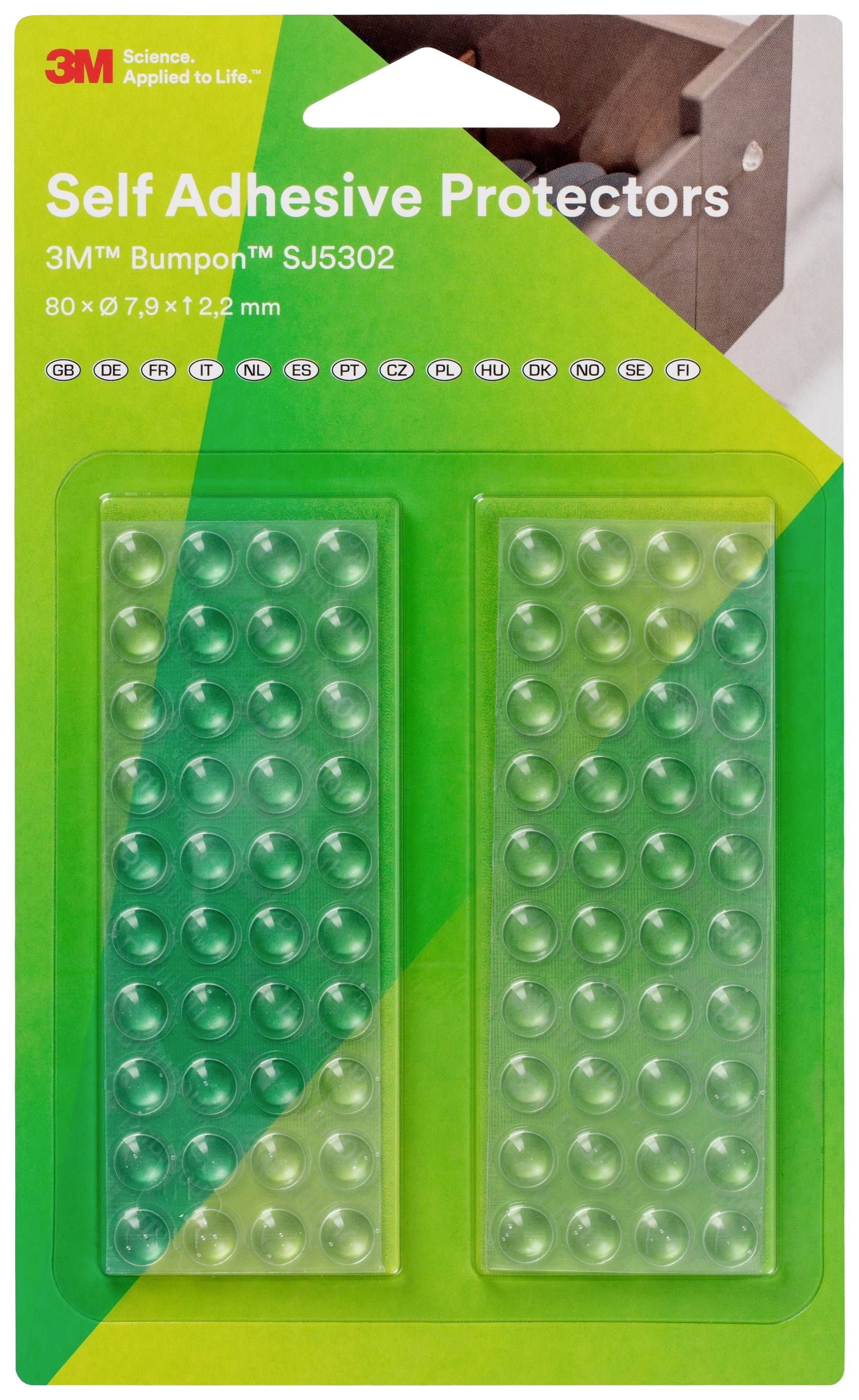 Balení samolepicích ochranných nárazníků, 3M Bumpon SJ5302, 80 kusů, velikost 7,9 x 1,2 mm, nahoře fotografie použití.