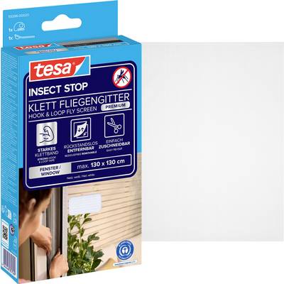 Tesa Insect Stop 'Klett Fliegengitter' prémiový set lepicího síťového vůči hmyzu pro okna, max 130 x 130 cm, zobrazeno na krabici produktu.
