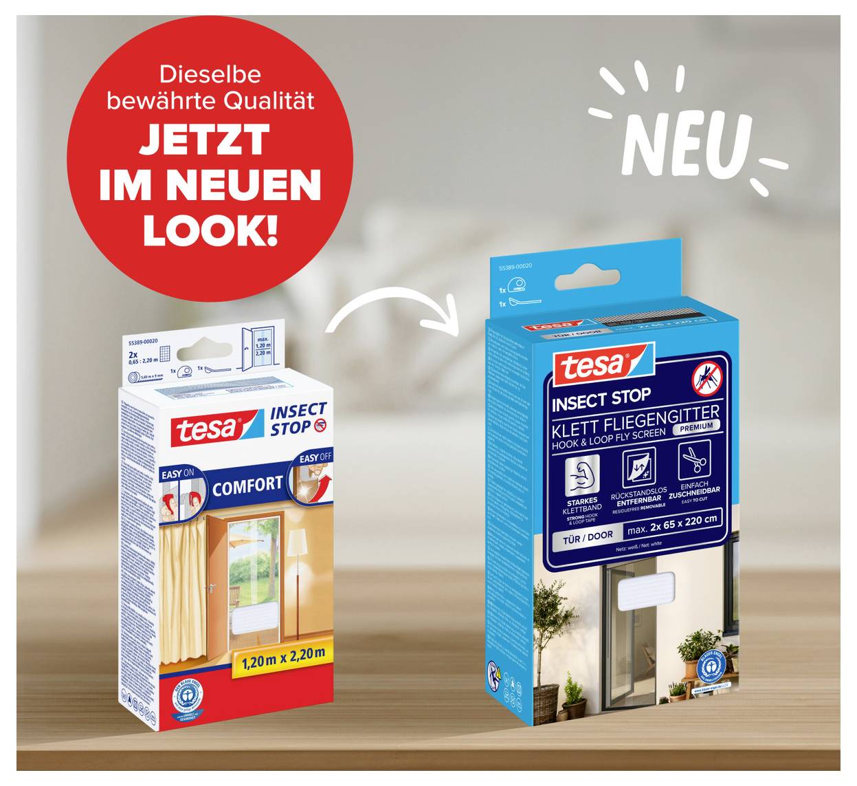 Reklamní grafika: tesa Ochrana před hmyzem ve starém a novém designu balení, šipka na nový vzhled, text 'Stejná osvědčená kvalita nyní s novým vzhledem!' a 'NOVÉ'.