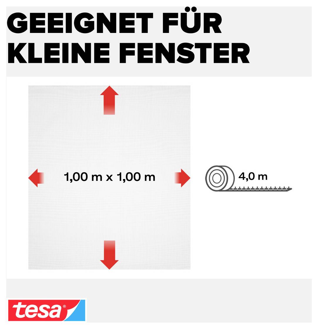 Reklamní grafika pro tesa: "Vhodné pro malá okna"; ukazuje plochu 1,00 m x 1,00 m a 4,0 m roli lepicí pásky se šipkami.