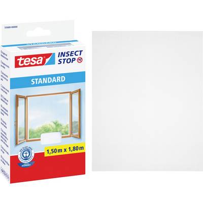 Balení síťky proti hmyzu tesa Insect Stop Standard na okno, 1,50 m x 1,80 m, zobrazené vedle bílého síťovitého plechu.