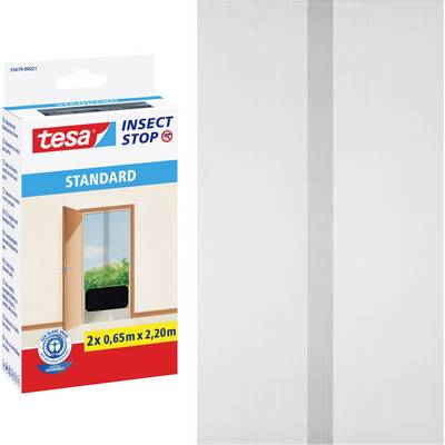 Balení Tesa Insect Stop Standard se dvěma bílými sítěmi na dveře, o rozměrech 2 x 0,65 m x 2,20 m, zobrazeno vedle krabice produktu.
