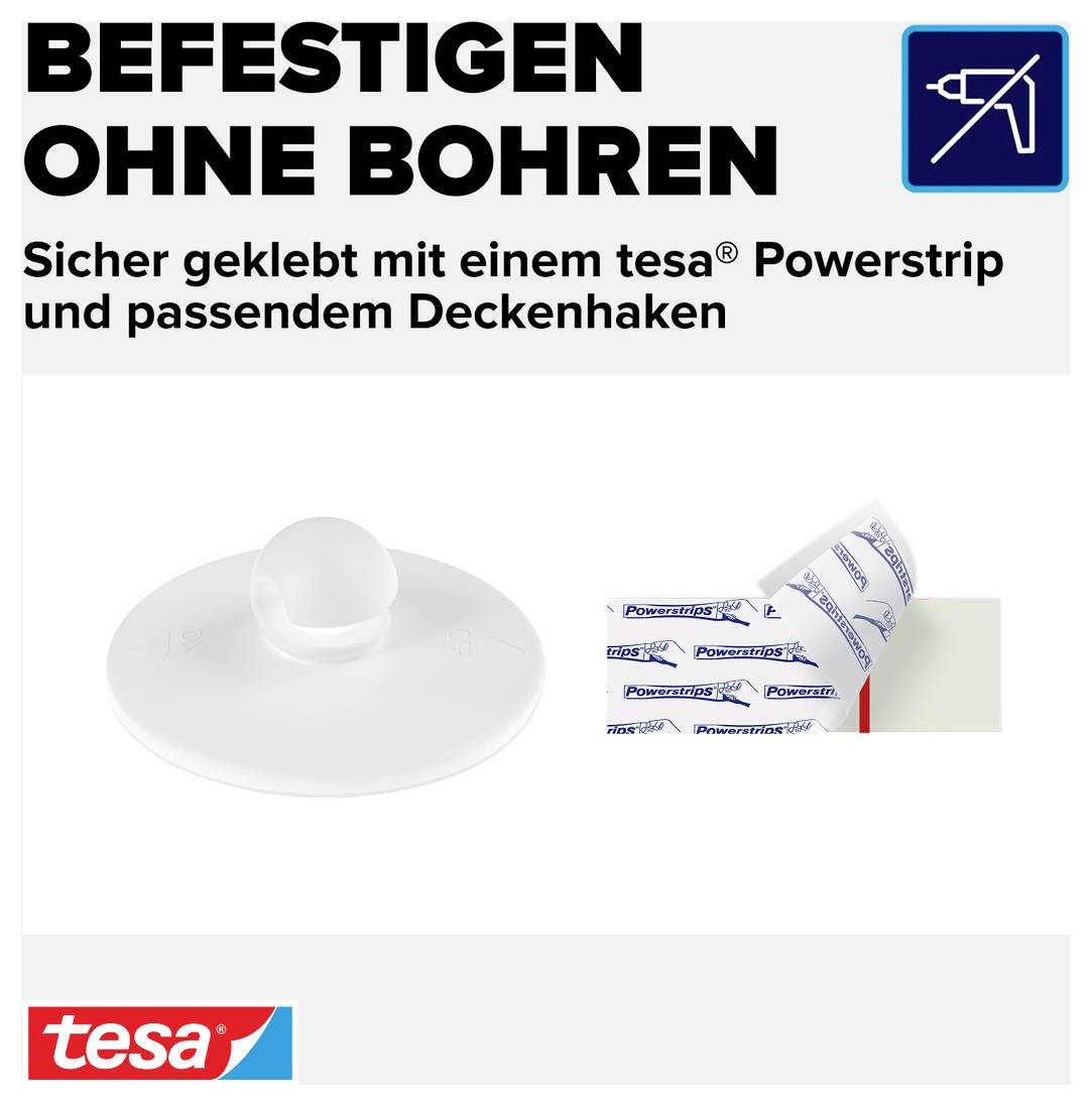 Reklama: Stropní háčky od tesa Powerstrips, upevňované bez vrtání; Text "Upevnění bez vrtání" a "Bezpečně nalepeno" spolu s logem tesa.