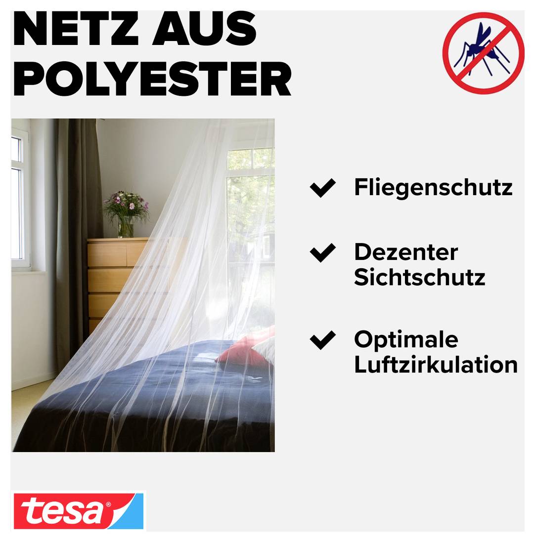 Inzertní síť z polyesteru na insekty na postel; uvádí ochranu před mouchy, diskrétní clonění výhledu a optimální cirkulaci vzduchu.