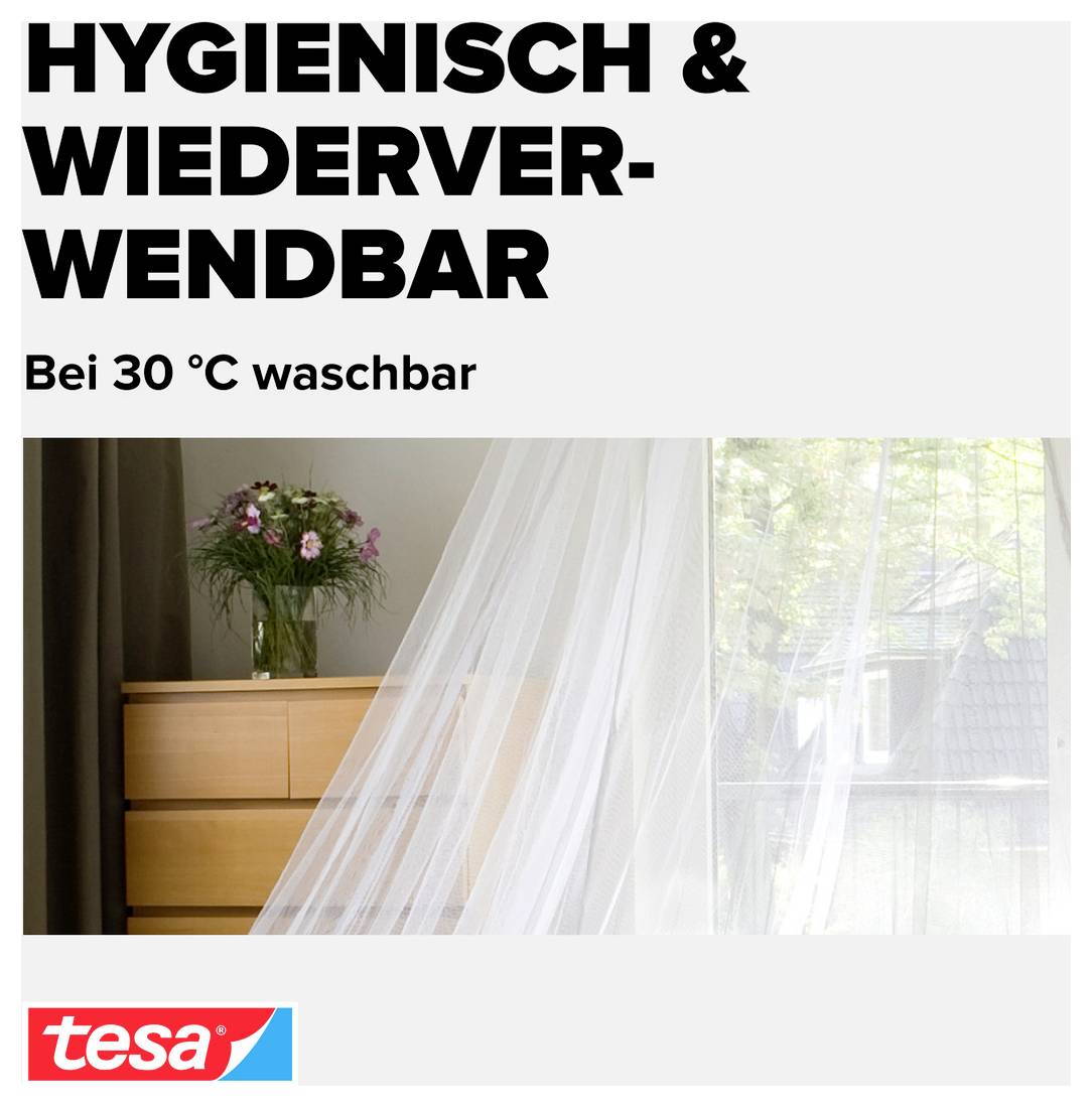 Reklamní obrázek se síťkou proti komárům a textem „HYGIENICKÉ A OPAKOVANĚ POUŽITELNÉ" a „Pratelné na 30 °C"; logo tesa v levém dolním rohu.