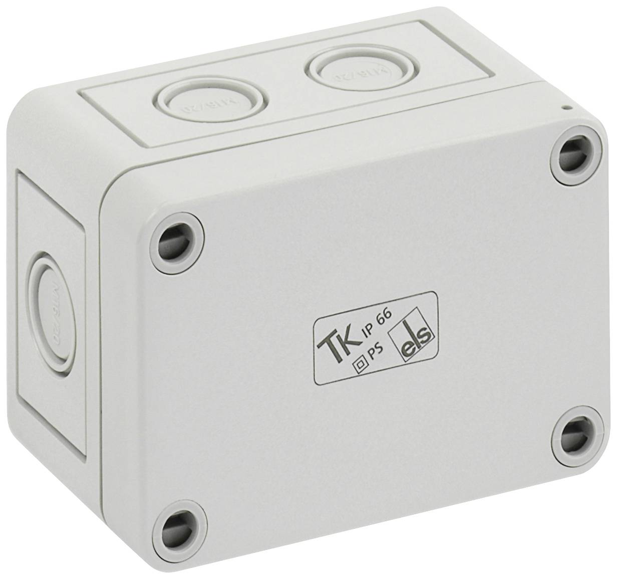 Šedý obdélníkový kryt se zaoblenými rohy a viditelnými šrouby v každém rohu. Nahoře je nápis 'TK IP 66'.