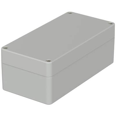 Obdélníkový šedý plastový kryt s odnímatelným víkem, vhodný pro elektronické komponenty nebo kabeláž.