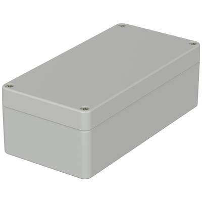 Obdélníkový šedý kryt se šrouby v rozích. Vhodný pro ochranu elektronických součástek.