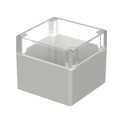 Šedý, čtvercový plastový kryt s průhledným, snímatelným víkem.