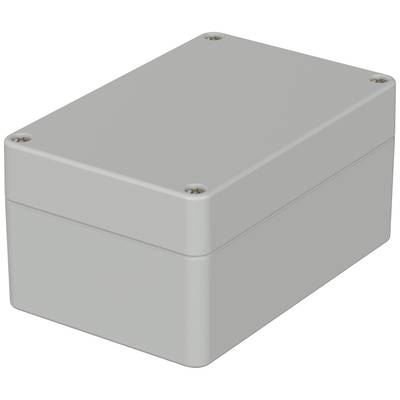 Šedý, pravoúhlý plastový box se zaoblenými rohy a čtyřmi šrouby v rozích. Vhodný pro elektrické nebo elektronické aplikace.