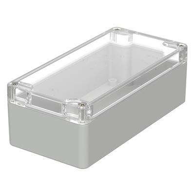 Bílý pravoúhlý box s průhledným víkem, vhodný pro elektronické komponenty.