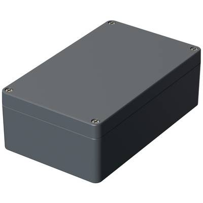 Šedý, pravoúhlý elektronický kryt se šrouby v rozích, určený pro umístění elektrických komponent nebo obvodů.