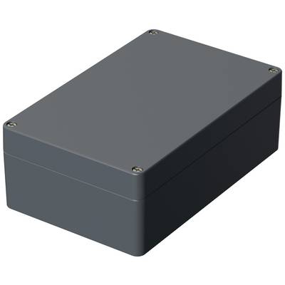 Obdélníkový šedý kryt se šrouby v rozích, vhodný pro umístění elektronických součástek.