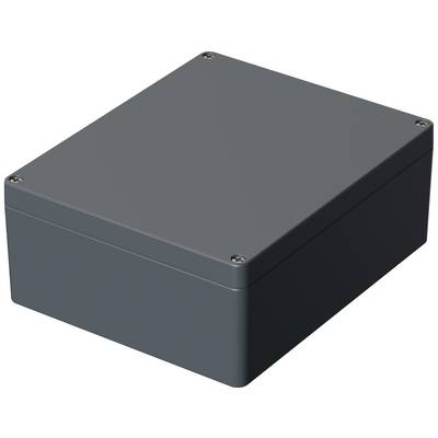 Obdélníkový šedý kryt se zaoblenými rohy a šroubovaným víkem, vhodný pro elektronické komponenty.