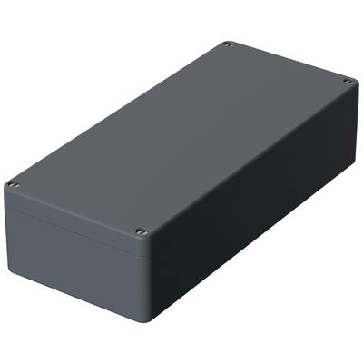 Obdélníkový, tmavě šedý kryt se zaoblenými rohy a šroubem v každém rohu, vhodný pro elektronické komponenty.