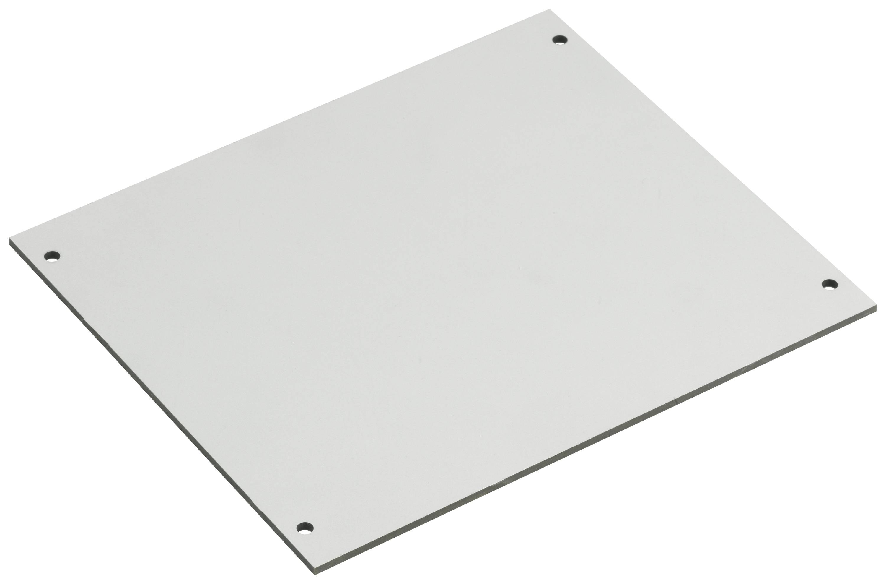 Šedá kovová deska se čtyřmi otvory v rozích.