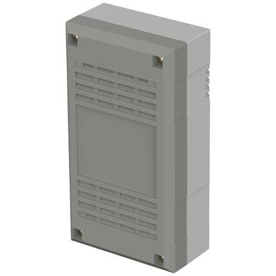 Šedý obdélníkový elektronický kryt s větracími otvory, ve vertikální orientaci, vhodný pro montáž na stěnu.