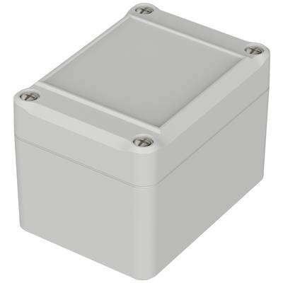Šedý plastový obdélníkový box se šrouby v rozích, úložný kontejner nebo ochranný kryt, trojrozměrný pohled.