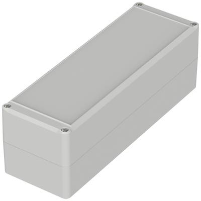 Obdélníkový šedý elektronický kryt se zaoblenými rohy a čtyřmi šrouby v rozích víka.