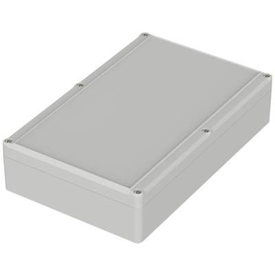 Šedý pravoúhlý kryt se šrouby v rozích, vhodný pro elektronická zařízení.