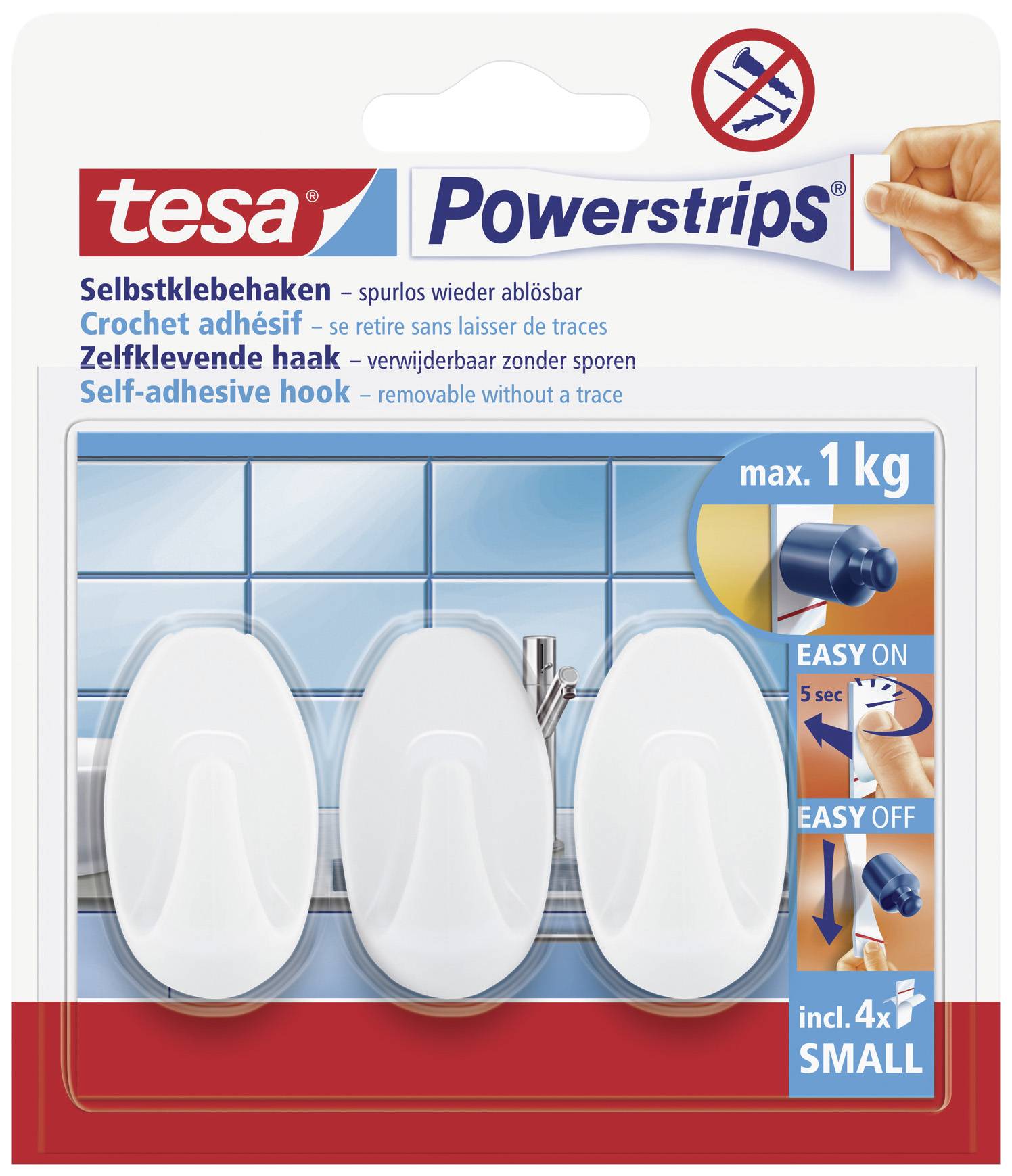 Tři bílé samolepicí háčky od Tesy umístěné na modře obložené zdi. Udrží maximálně 1 kg, snadno se instalují a odstraňují.