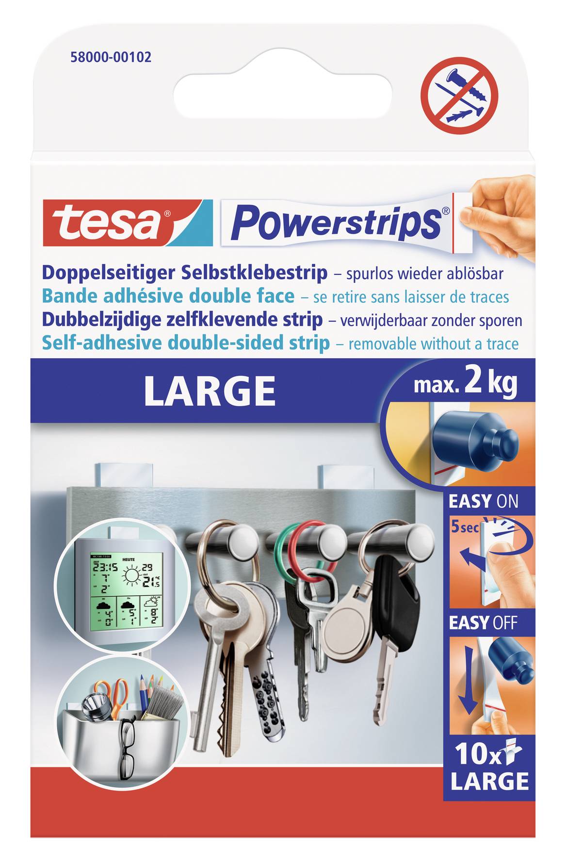 'Balení Tesa Powerstrips Large, oboustranné lepicí pásky, udrží až 2 kg, snadno aplikovatelné a odstranitelné, 10 kusů.'