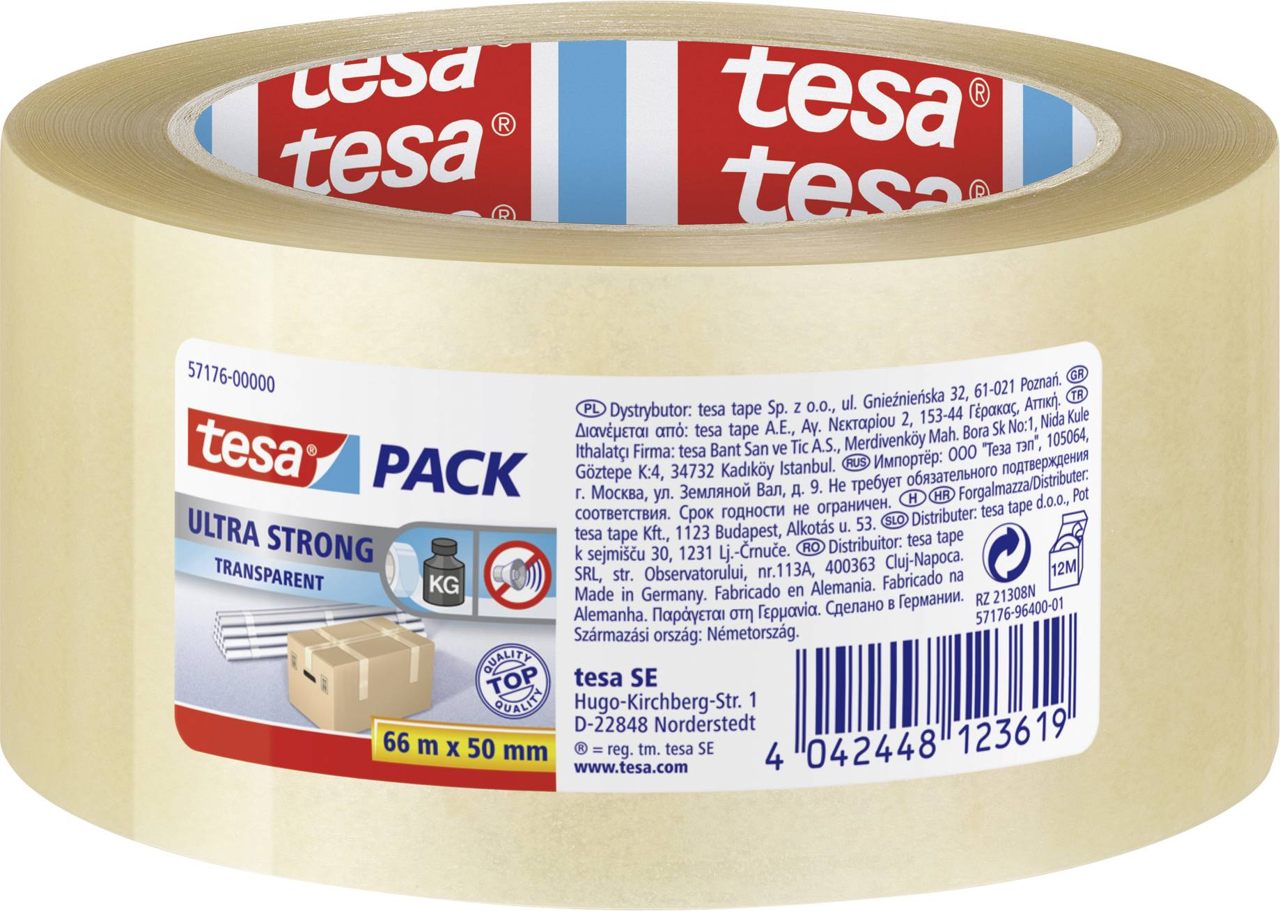Role průhledné lepicí pásky značky Tesa, 66 m x 50 mm, opatřená etiketou 'Ultra Strong' s balicími, transportními a hmotnostními symboly.