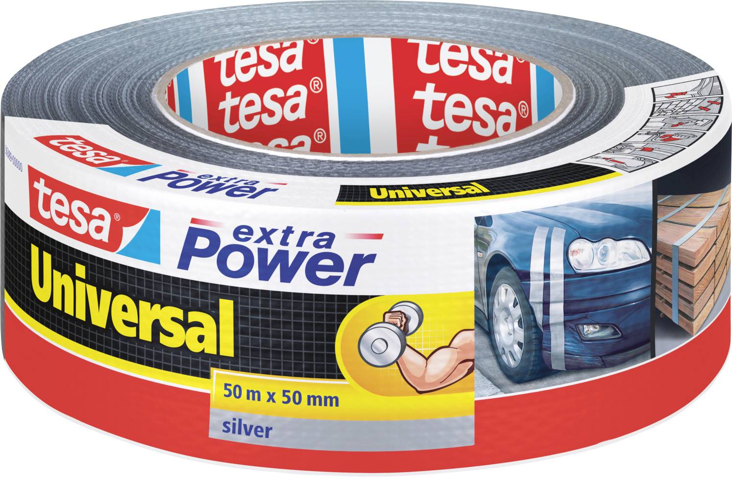 Role lepicí pásky tesa extra Power Universal, 50m x 50mm, stříbrná. Na obalu jsou zobrazeny aplikace pro opravu automobilů a balení.
