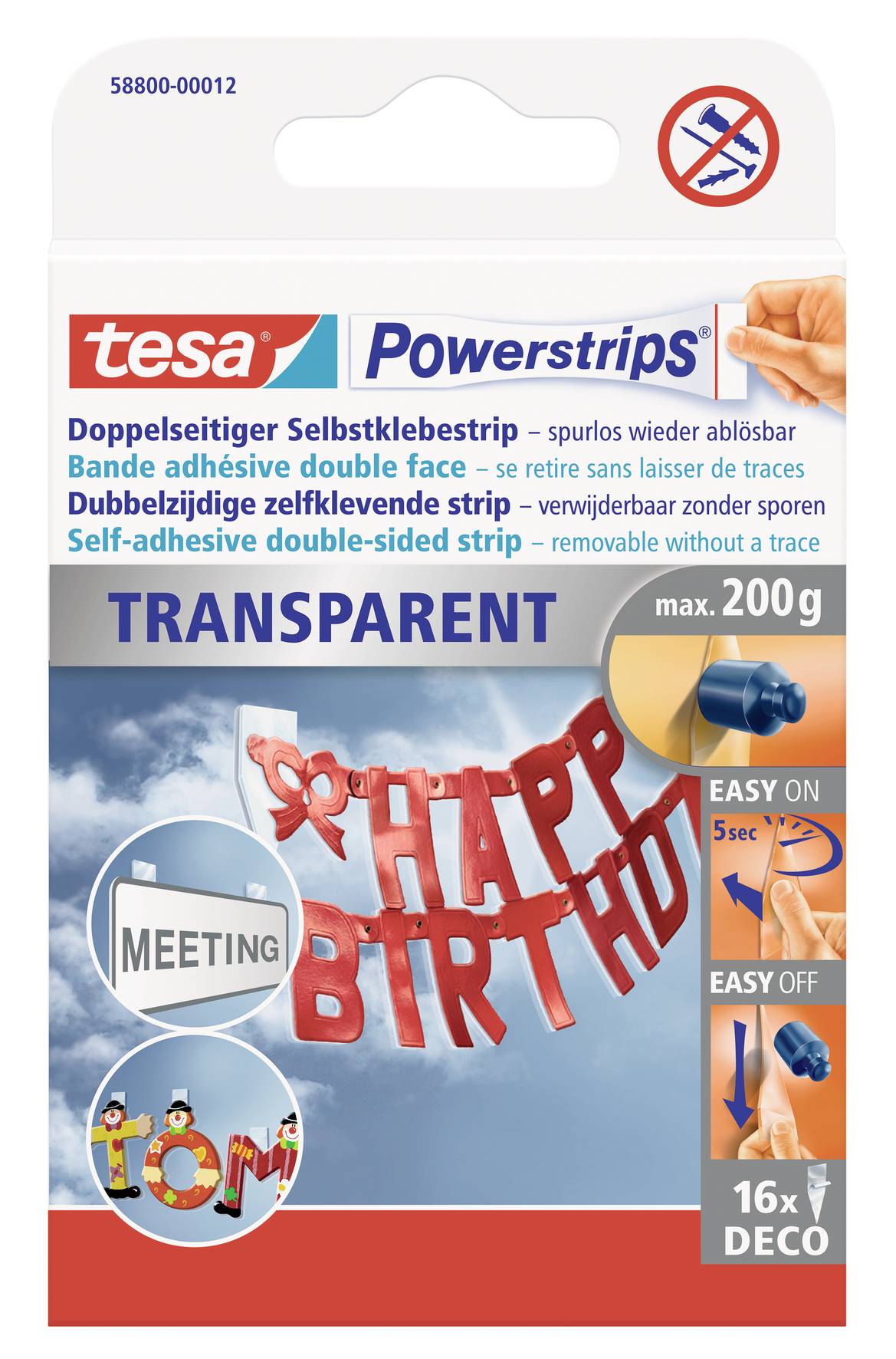 Balení 'tesa Powerstrips' pro předměty do 200g. Obsahuje 16 transparentních oboustranných proužků. Dekorace s motivem 'Všechno nejlepší k narozeninám'.