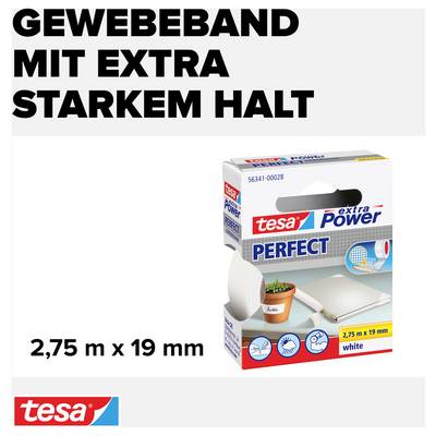 Tisková zpráva ukazuje 'Textilní pásku s mimořádně silným držením', jak je uvedeno na obalu 'tesa extra Power PERFECT', rozměry: 2,75 m x 19 mm, barva: bílá.