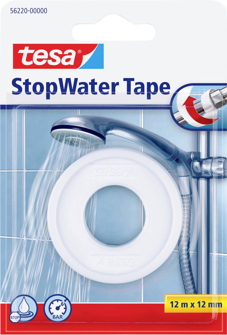 "StopWater Páska" obal zobrazuje sprchovou hlavici a roli pásky, zdůrazňující voděodolnost. Rozměry balení: 12m x 12mm.