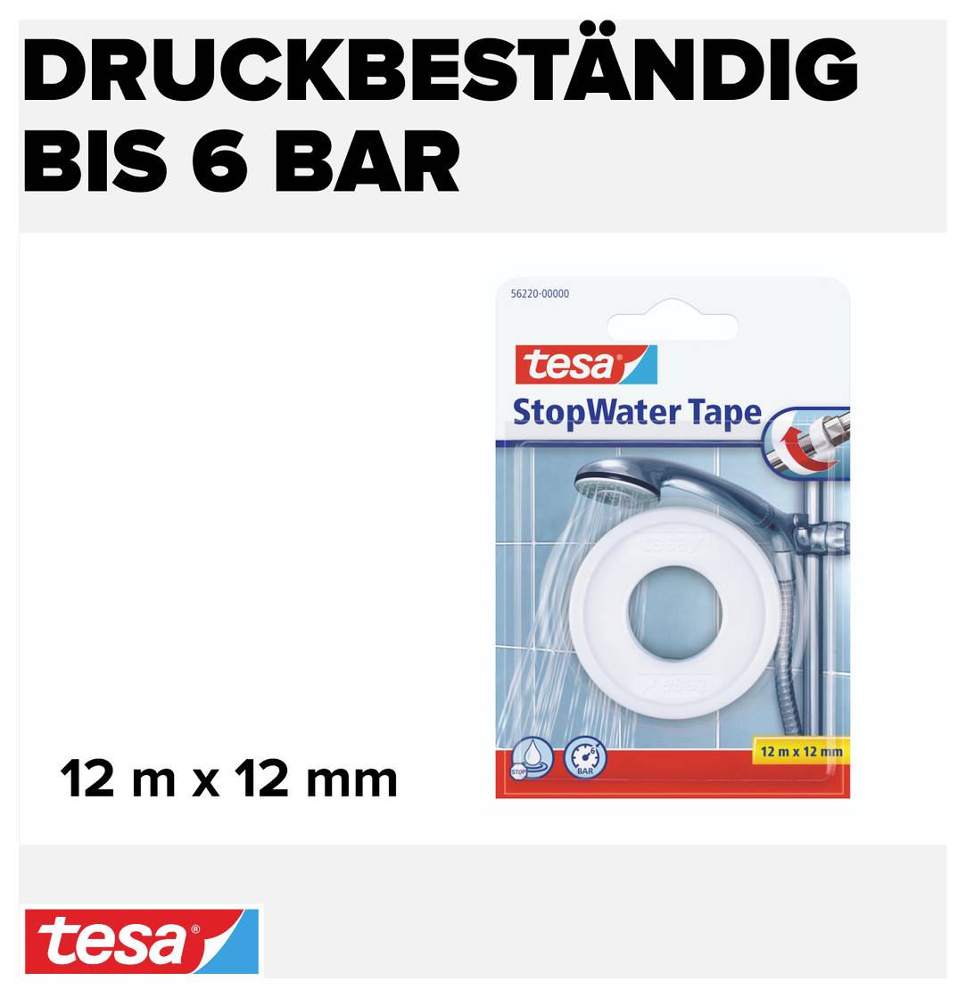 Balení 'tesa StopWater Páska', která odolává vodnímu tlaku až 6 Bar. Rozměry: 12 m x 12 mm.