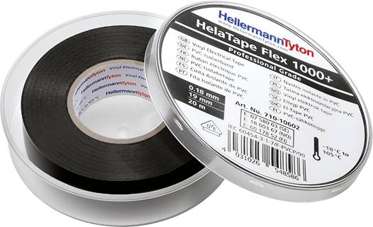 Dvě role černé lepicí pásky, značky 'HellermannTyton HelaTape Flex 1000+', s technickými specifikacemi a rozměry uvedenými na etiketě.