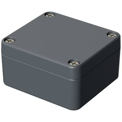 Obdélníková, tmavě šedá skříňka se čtyřmi šrouby v rozích; pravděpodobně elektronický box.