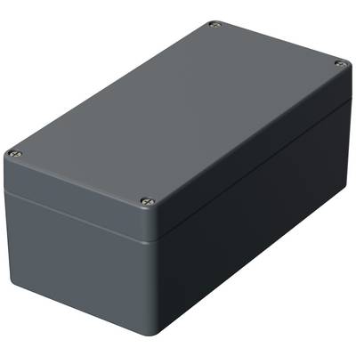Šedý, obdélníkový kryt se šrouby v rozích, používaný k ochraně elektronických komponentů.