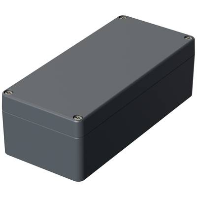 Šedý obdélníkový kryt se zaoblenými rohy a čtyřmi šrouby v rozích víka. Určeno pro elektronické komponenty.