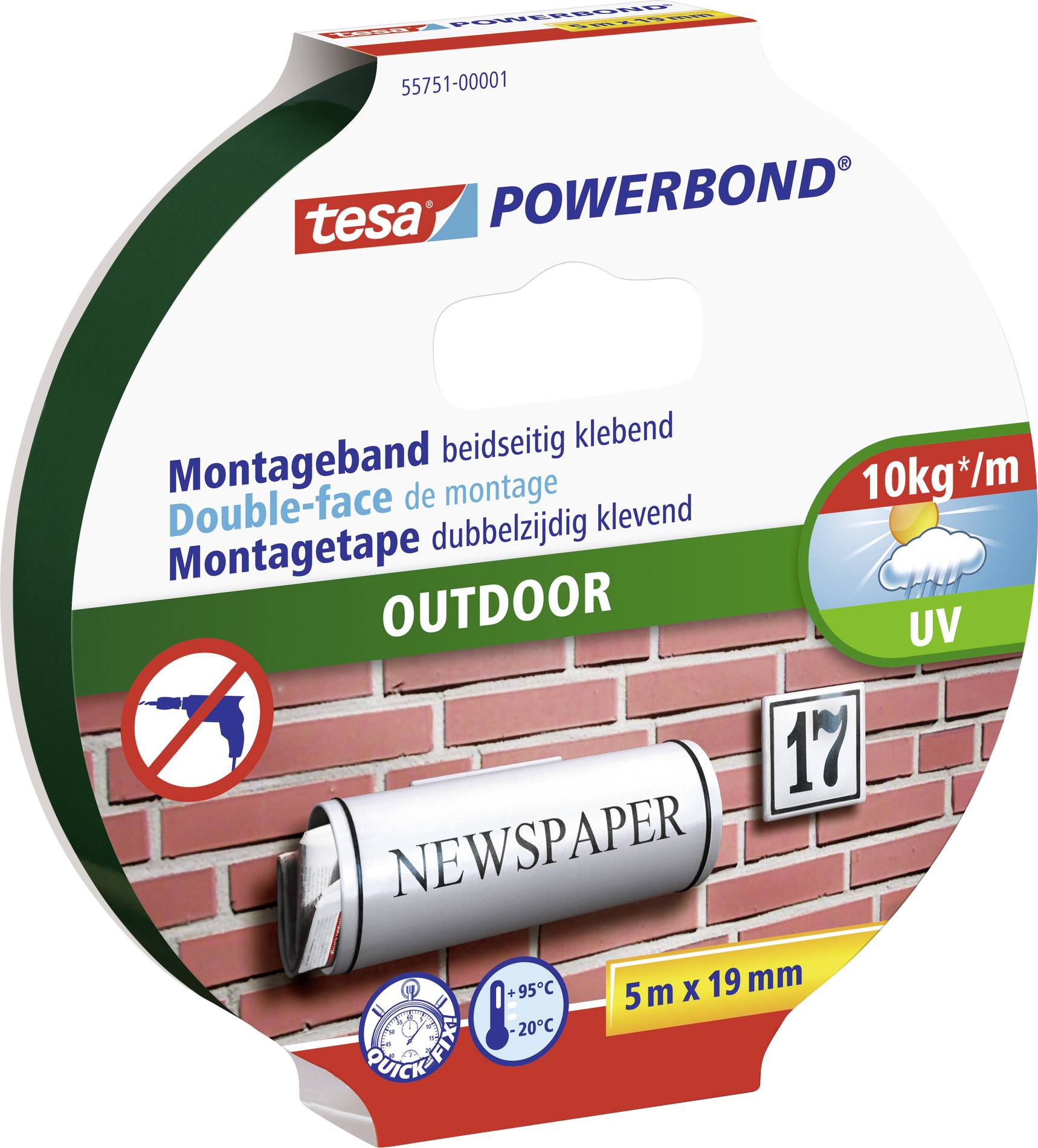 Balení pro 'tesa Powerbond Outdoor', oboustranná montážní páska, 5m x 19mm, udrží až 10 kg/m, vhodná pro venkovní použití.