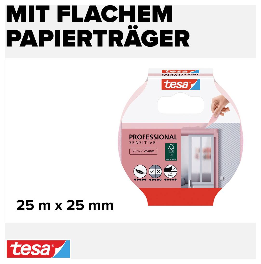 Lepicí páska Tesa 'Professional Sensitive', 25 m x 25 mm, vhodná pro citlivé povrchy, produkt zobrazený v použití.