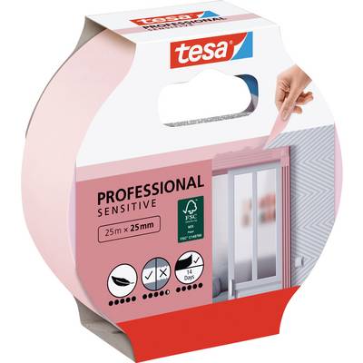 Balení lepicí pásky 'tesa Professional Sensitive', 25mm x 25m. Obsahuje ikony znázorňující použití na malovaných plochách, 14denní bezezbytková odstranitelnost a certifikaci FSC.